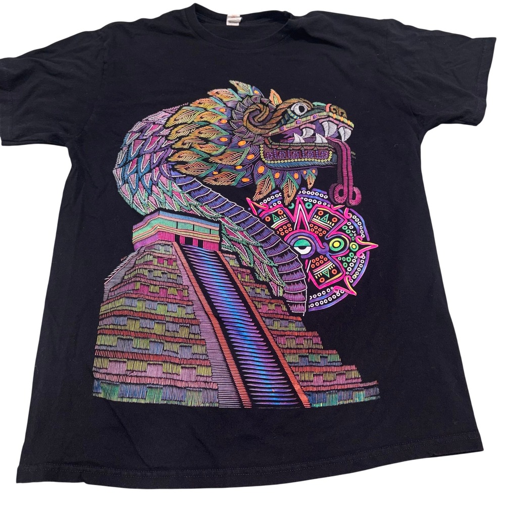 Quetzalcoatl Mayan Pyramid Graphic King Playeras L Black Neon Shirt